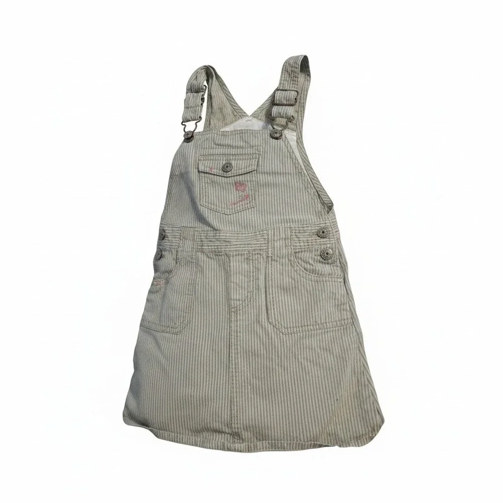 Vintage OshKosh Bgosh Hickory Stripe Overall Dress Sage Green Denim Jumper 4T